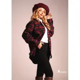 Camisa de abrigo roja y negra a cuadros grandes, de corte recto y manga larga.