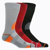 Pack de tres pares de calcetines deportivos unisex, uno gris con detalles naranja, uno rojo con detalles gris y uno negro con detalles gris.