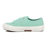 Championes de lona color aguamarina con cordones, suela de goma blanca y detalle de marca en el lateral.