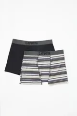 Pack de dos bóxer briefs Levi's, uno liso color negro y otro a rayas horizontales en tonos blanco, gris y lila. Ambos con cintura elástica gris con logo de la marca.