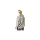 Camisa de manga larga con diseño de cuadros en tonos beige, gris y blanco. Presenta corte boxy, cuello camisero, cierre frontal de botones y un bolsillo en el pecho con el logo bordado de la marca.
