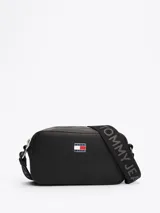 Bandolera negra de Tommy Jeans con correa ancha ajustable con el logo de la marca en gris.