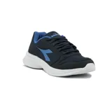 Championes deportivos Diadora modelo Robin 4 para hombre, color azul marino con detalles en azul claro y suela blanca gruesa. Presentan un diseño de running con capellada de malla transpirable y el logo de Diadora en el lateral.