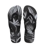 Sandalias tipo ojotas Havaianas con diseño estampado de hojas en tonos negro y gris, con tiras negras.