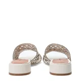 Sandalias de mujer Bottero con taco cuadrado bajo, confeccionadas en cuero blanco con diseño calado en la capellada y puntera cuadrada.