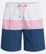 Bermuda de baño para hombre, color azul con recortes en bloques de color (azul más claro y rosa pálido). Presenta cintura elástica con cordón de ajuste y es de tejido plano de poliamida.