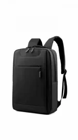 Mochila de diseño minimalista con compartimento principal y bolsillo frontal con cierre. Incluye división interna para notebook, organizador interno y puerto USB lateral.