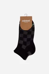 Medias tipo soquete Mistral con diseño de cuadros en tonos negro y gris, con detalle de borde en color verde menta.
