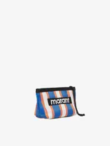 Neceser de mano en nailon a rayas azules, naranjas y blancas con logo "Marant" bordado en negro en la parte delantera. Cierre con cremallera y ribete superior negro.