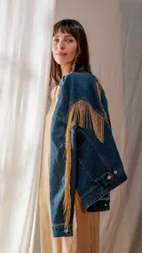 Campera de jean azul con flecos de strass dorados en mangas y espalda.