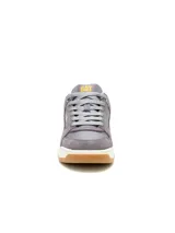 Championes Caterpillar modelo Theorem para hombre, en color gris con detalles en amarillo y suela de goma con base blanca.