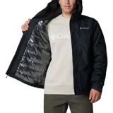 Campera impermeable Columbia Hikebound II Insulated Jacket de color negro, con capucha ajustable, cierre frontal con cremallera y solapa de velcro. Cuenta con bolsillos laterales y en el pecho con cierre, tecnología térmica reflectante Omni-Heat y costuras selladas Omni-Tech.