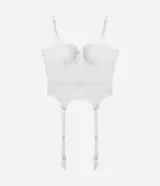 Corset de encaje floral blanco con copas estructuradas, breteles ajustables y portaligas incorporado. Presenta cierre posterior con ganchitos y varillas internas para mayor estructura.