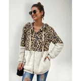 Campera tipo polar con cierre frontal, diseño combinado con estampado animal print en la parte superior y tejido de peluche blanco en la parte inferior. Cuenta con capucha con cordones ajustables y dos bolsillos frontales.