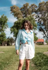Camisa celeste de broderie con hombro y manga globo con puño.