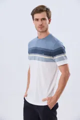 Remera de manga corta con diseño de franjas horizontales en tonos de gris, azul y beige, con escote redondo y pequeño bordado en el pecho.