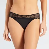 Braguita clásica negra de microfibra con cintura de encaje floral.