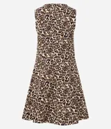 Vestido corto de corte evasé con estampado animal print, escote redondo y detalle de abertura frontal con lazos. Confeccionado en tejido de bengalina con viscosa, poliamida y elastano.