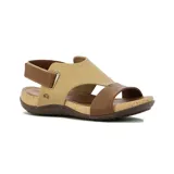 Sandalia casual de mujer con dos tiras y pulsera al tobillo con cierre ajustable. Presenta capellada de cuero negro, plantilla acolchada y suela tipo corcho con base marrón antideslizante.
