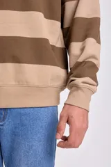 Buzo deportivo de cuello redondo, color beige con rayas horizontales marrones. Tiene mangas largas y puños y dobladillo acanalados.