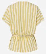 Blusa de viscolino a rayas verticales azul marino y blanco, con escote en V cruzado, mangas cortas y cinturón de cuerda en la cintura.