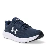 Championes de running Under Armour Charged Assert 10, color azul marino con detalles en blanco. Presentan una parte superior de malla transpirable con refuerzos sintéticos, logo de la marca en el lateral y entresuela con tecnología Charged Cushioning para mayor amortiguación.