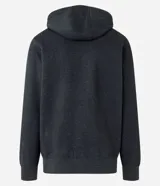 Buzo deportivo negro con capucha, cierre frontal con cremallera, bolsillos laterales y puños ajustados. Confeccionado en tejido de algodón y poliéster.