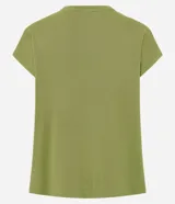 Remera de viscosa color verde con bordado lineal en blanco de una palmera, sol y peces. Posee cuello redondo, mangas cortas y calce regular.