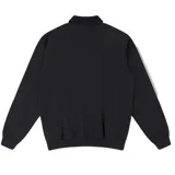 Campera negra con cuello camisero, cierre frontal con cremallera, bolsillos laterales con botón y logo bordado en el pecho.