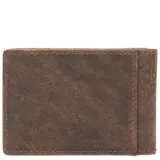 Billetera de cuero natural de primera calidad con clip magnético para billetes, cuatro ranuras para tarjetas, tres bolsillos para billetes y tecnología RFID de protección. Presenta detalle de logotipo en relieve en la esquina inferior.