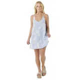 Vestido corto celeste con estampado de flores blancas, escote en V, tirantes finos y corte suelto.