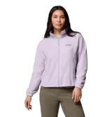 Campera de polar Columbia modelo Benton Springs, color lila, con cuello alto, cierre frontal completo y bolsillos laterales con cremallera. Presenta puños elásticos y dobladillo ajustable con ceñidor.