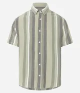Camisa de hombre de manga corta con cuello tradicional y abotonado frontal. Presenta un tejido texturizado con un patrón de rayas verticales en tonos beige, blanco y marrón claro.