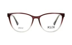 Armazón de lentes Klix modelo 112AD en color bordó y transparente con diseño estilo cat-eye.