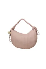 Bandolera Trendy de diseño semicircular acolchado, color beige, con correa ajustable fruncida y llavero colgante de osito de peluche.