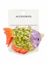Pinza para el pelo con diseño de pez en tonos amarillo, lila y coral, con detalles de escamas verdes y aletas decorativas.