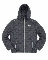 Campera puffer de nylon color negro con diseño termosellado texturizado, capucha integrada, cierre frontal y bolsillos laterales con cierre.