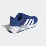 Championes de entrenamiento Adidas Dropset Control, color azul con las icónicas tres tiras laterales en blanco y detalles en gris. Presentan un diseño de malla transpirable, mediasuela estable y sistema de torsión en el mediopié para mayor sujeción.