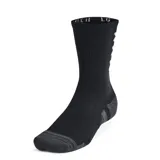 Medias deportivas de caña media Under Armour, color negro con puntera y talón en gris. Presentan diseño acanalado en la caña y tecnología de secado rápido con amortiguación en zonas clave.