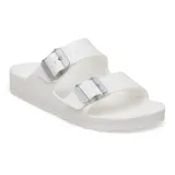 Sandalias Birkenstock modelo Arizona, confeccionadas en material EVA ligero y resistente al agua, en color blanco. Presentan diseño de dos correas ajustables con hebillas a tono y plantilla anatómica.