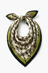 Pañuelo cuadrado de satén con estampado floral sobre fondo beige, borde en tono verde oliva y marco exterior negro.