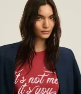 Remera de algodón color ladrillo con cuello redondo y mangas cortas. Estampado frontal con la frase "It's Not Me It's You" en letras cursivas blancas.