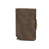 Billetera negra de cuero con caja de aluminio incorporada con sistema de deslizamiento para tarjetas, protección RFID, espacio para 5 tarjetas, sección para hasta 7 billetes y espacio adicional para libreta de propiedad y de conducir.