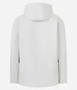 Campera deportiva con capucha, color blanco con recortes laterales en negro. Cuenta con cierre frontal, bolsillos funcionales y ajuste en la cintura.