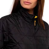 Campera negra acolchada con cierre frontal, cuello alto y bolsillos laterales con cierre.
