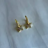 Par de aros dorados con forma de argolla y dije colgante de estrella con incrustaciones de strass.