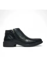 Botín de cuero color negro para hombre, con elástico lateral y cierre frontal con cremallera.