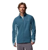 Campera polar con cierre frontal completo, cuello alto y mangas largas con orificios para pulgares. Presenta un diseño en dos tonos de azul con paneles laterales en un tono más claro y logo de la marca bordado en el pecho.