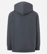 Saco con capucha color gris oscuro, con cordón ajustable, bolsillo canguro y mangas largas con puños ajustados. Confeccionado en algodón con felpa.