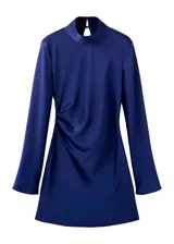 Vestido corto azul marino de cuello alto y manga larga, confeccionado en poliéster con elastano.